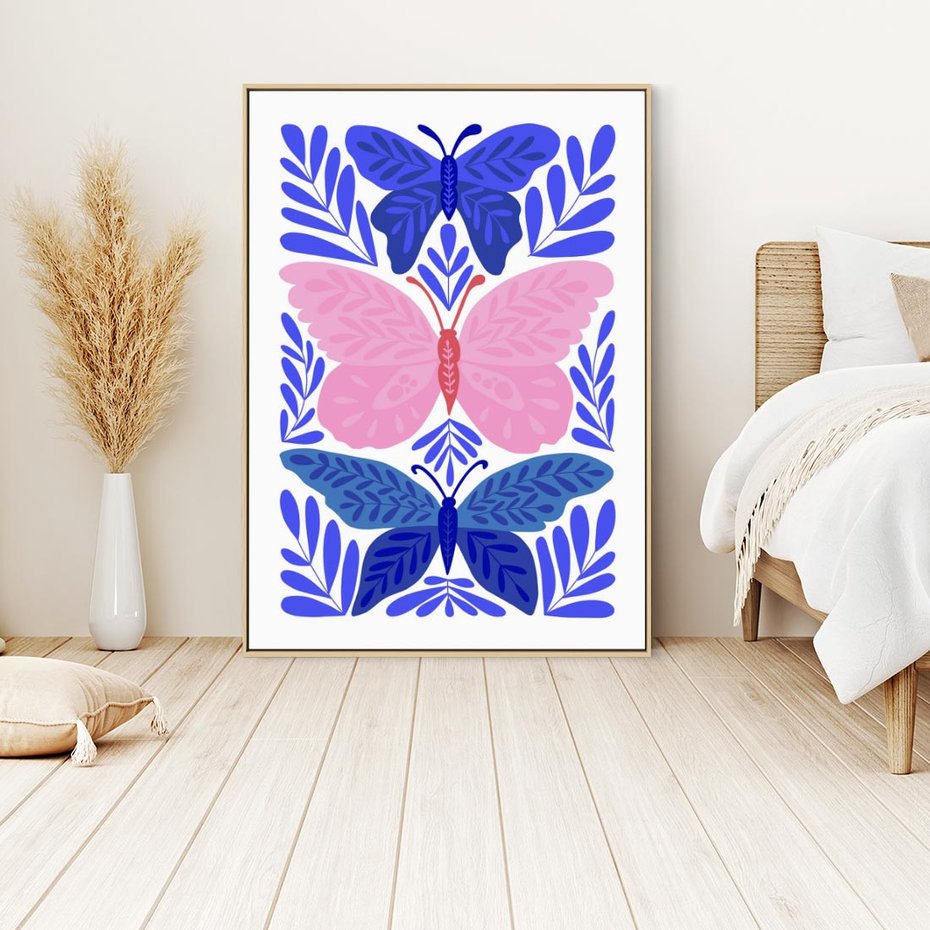 Obraz w ramie 70x100 - Delikatna Symfonia Natury - motyle, rośliny - rama drewno