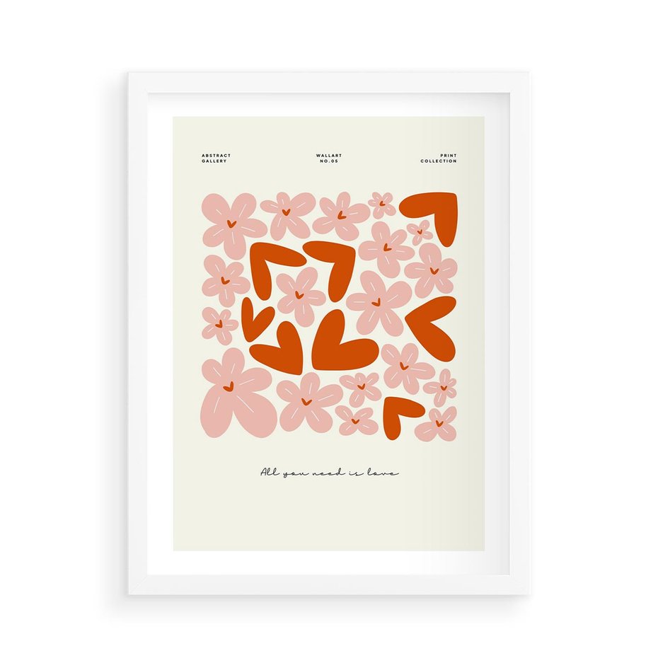 Plakat w ramie 50x70 - Miłość w Kompozycji - grafika, kompozycja kwiaty i serca - rama biała