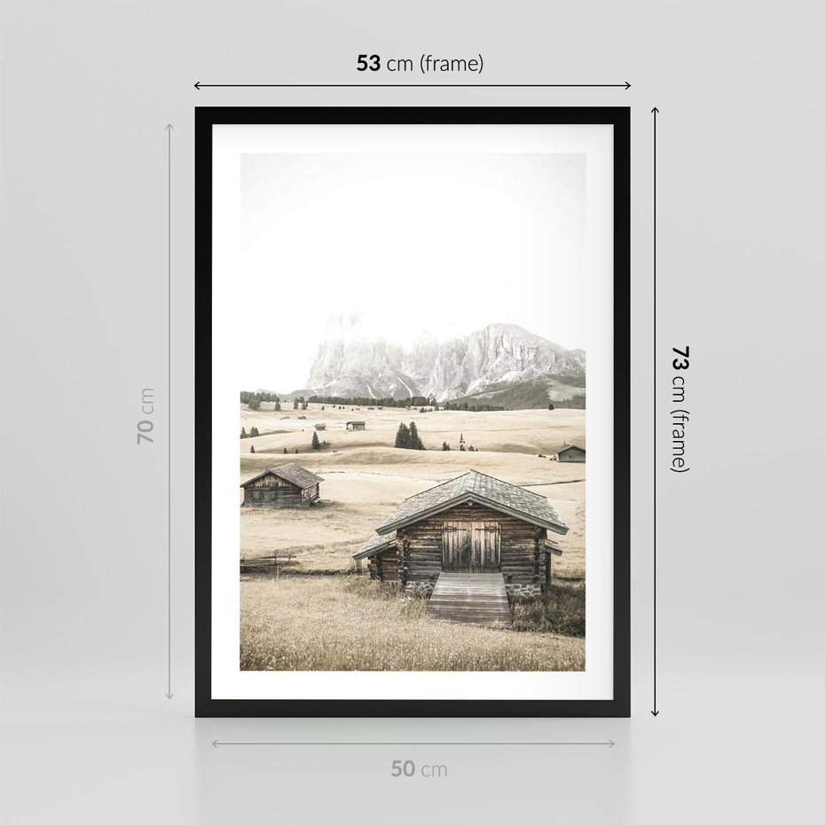 Plakat w ramie 50x70 - Chatka w Górskiej Sepii - domek w górach, chatka - rama czarna