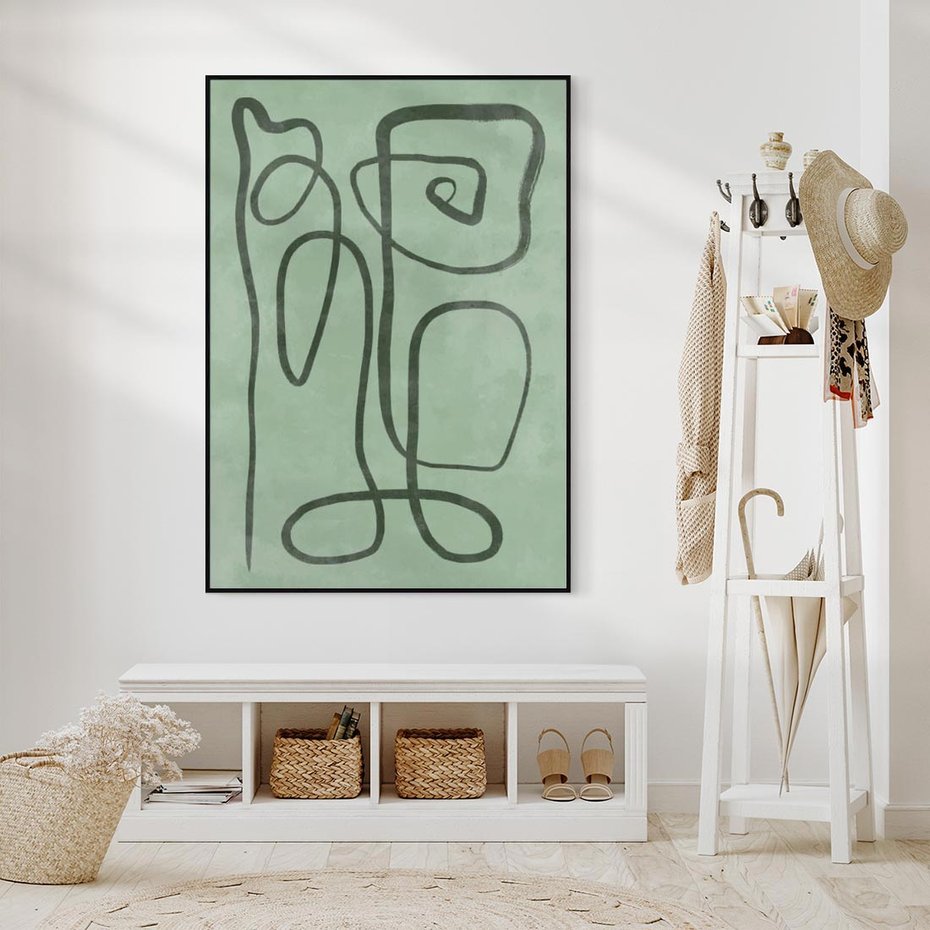 Obraz w ramie 50x70 - Zielone Wariacje w Liniach - abstrakcyjne zielone linie, skandynawski design - rama czarna