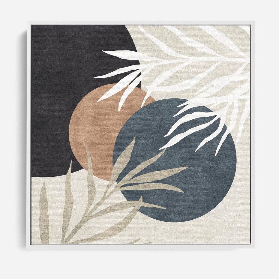 Obraz w ramie 80x80 - Symfonia skradzionych chwil - cienie liści palmy, beżowe tłó - rama biała