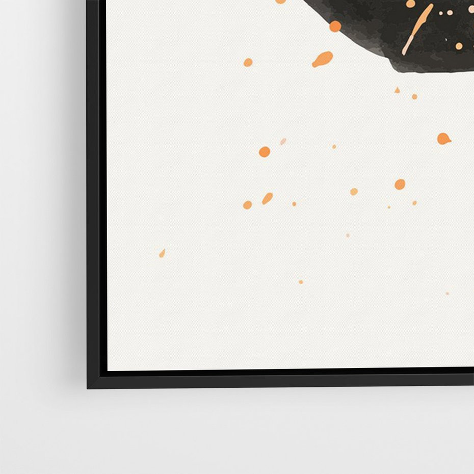 Obraz w ramie 70x100 - Wibracje Kolorów - abstrakcyjna czarna plama, rozsiane pomarańczowe kropki - rama czarna