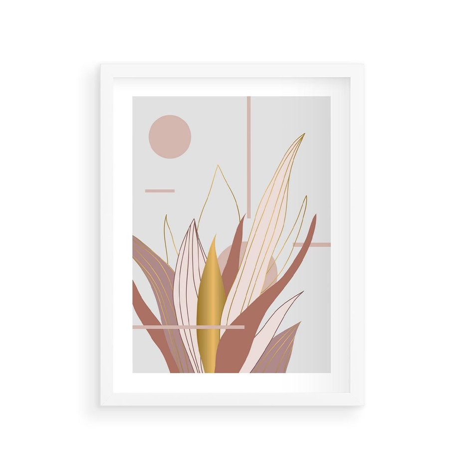 Plakat w ramie 30x40 - Złota Grafika Liści: Wyjątkowa Dekoracja - liście, złoto - rama biała