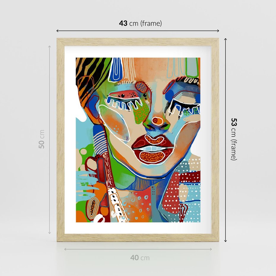 Plakat w ramie 40x50 - Kolorowe Formy - abstrakcyjny portret kobiety, twarz - rama drewno