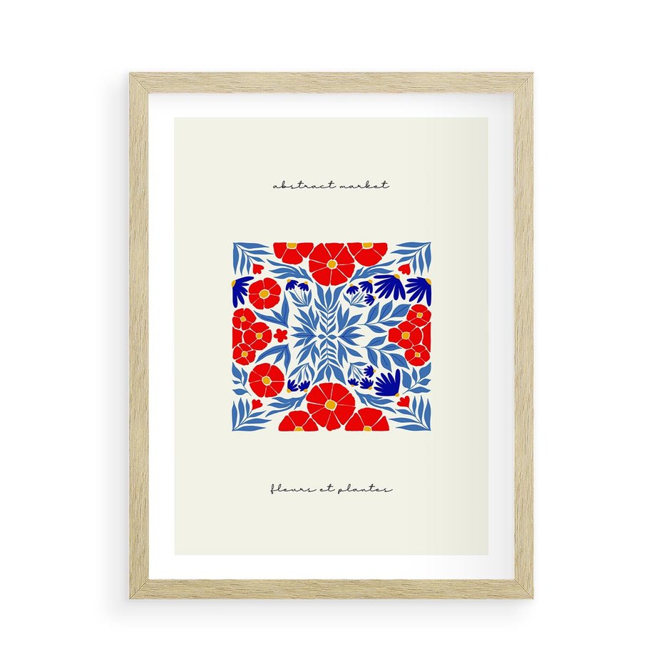 Plakat w ramie 50x70 - Tajemnicza Droga - nowoczesna kwiatowa kompozycja, czerwony i niebieski - rama drewno