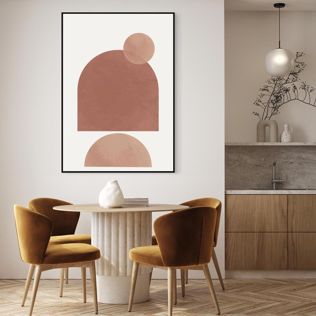 Obraz w ramie 50x70 - Rozkwitające Odbicia - abstrakcyjne geometryczne kształty, odcienie brązu i beżu - rama czarna