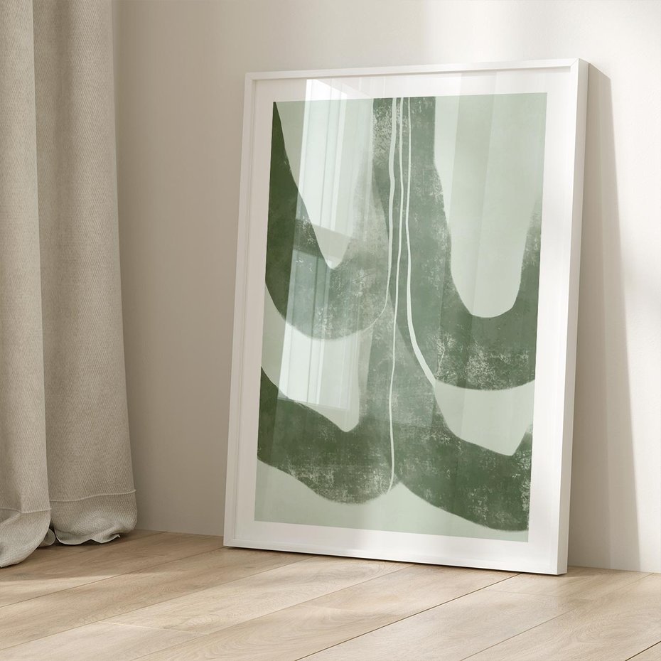 Plakat bez ramy 21x30 - Nurtująca Kompozycja Zieleni - abstrakcyjne delikatne zielone linie, podobne do gałęzi kwiatów