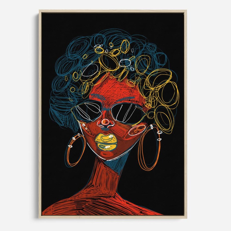 Obraz w ramie 50x70 - Kolorowe Wibracje Rzeczywistości - abstrakcyjny portret kobiety, twarz - rama drewno