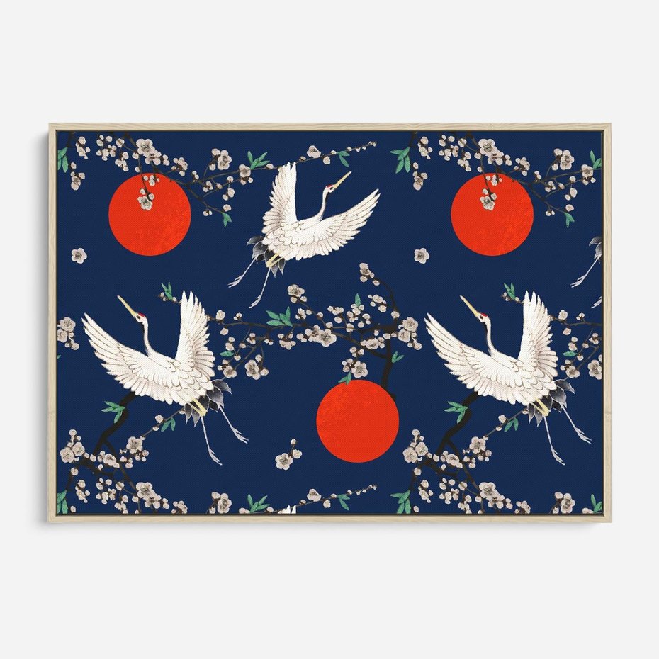 Obraz w ramie 100x70 - Japońskie Żurawie Indygo - sztuka japońska, japonia - rama drewno