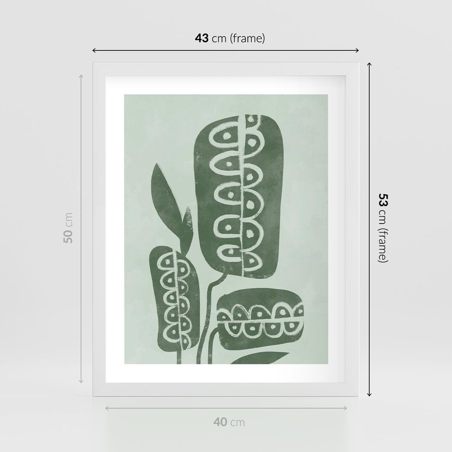 Plakat w ramie 40x50 - Nurtująca Zieleń - abstrakcyjny zielony motyw, skandynawski design - rama biała
