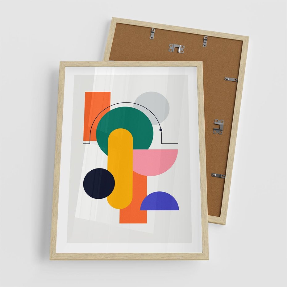 Plakat w ramie 50x70 - Harmonijne Przenikanie Form - nowoczesna sztuka, geometryczna kolorowa grafika - rama drewno