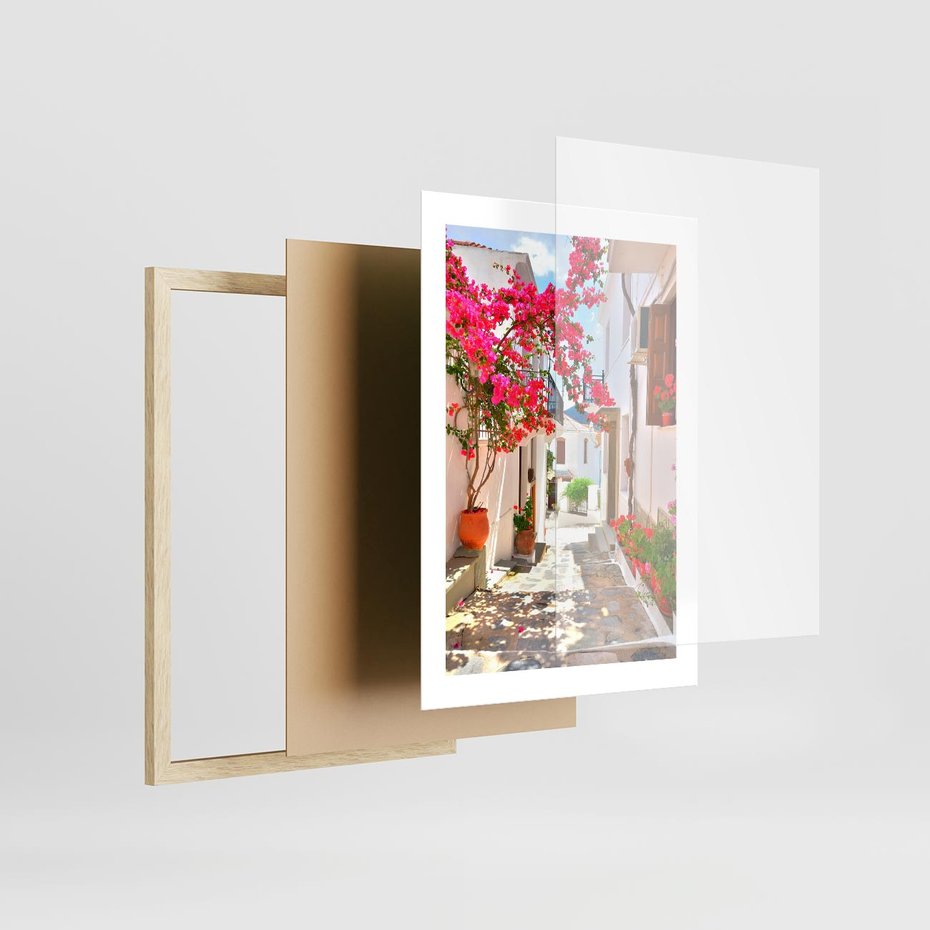 Plakat w ramie 30x40 - Kwiatowa uliczka wakacji - kwiaty, uliczka - rama drewno