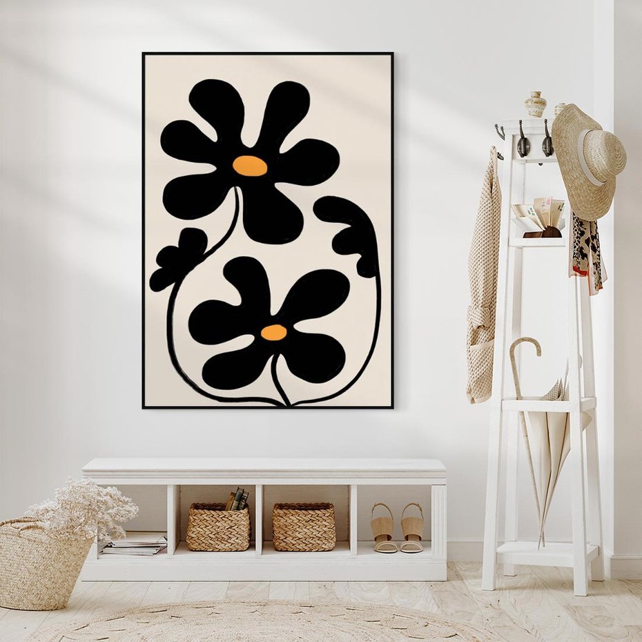 Obraz w ramie 70x100 - Wyjątkowość Boho - minimalistyczny abstrakcyjny obraz, prymitywne kwiaty - rama czarna