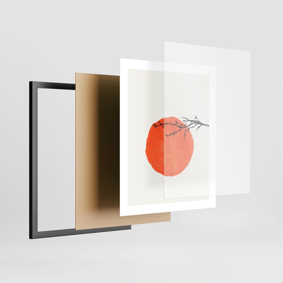 Plakat w ramie 40x50 - Słońce i Gałązka - pomarańczowe słońce, gałązka - rama czarna