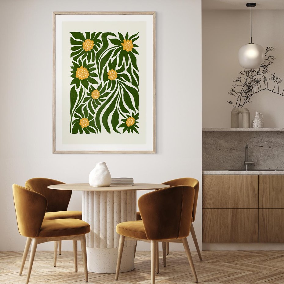 Plakat w ramie 50x70 - Spojrzenie wgłąb roślinnego świata - abstrakcyjne kwiaty, kompozycja - rama drewno