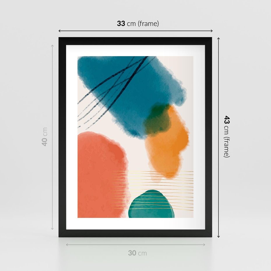 Plakat w ramie 30x40 - Migotliwe Pochwycenia - abstrakcyjne kolorowe plamy, akwarela - rama czarna