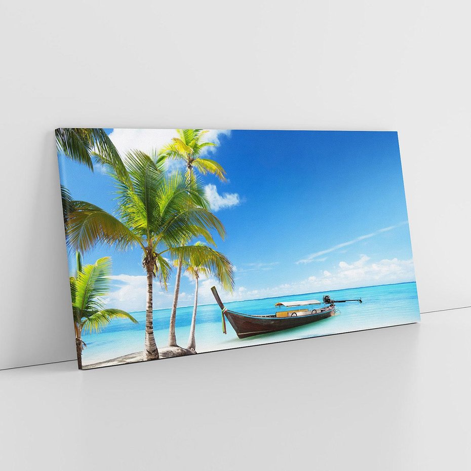 Obraz na płótnie 120x60 - Sielska plaża z łodzią na morzu - plaża, morze