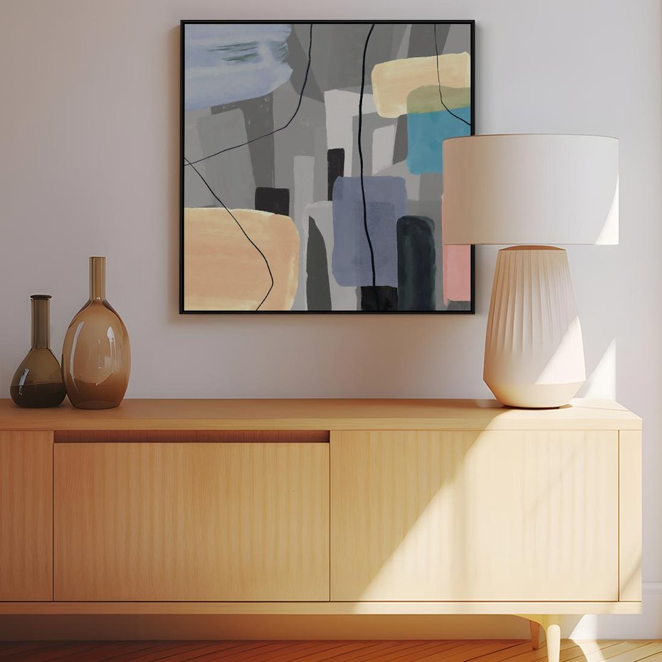 Obraz w ramie 50x50 - Harmonia w chaosie serca - abstrakcja na szarym tle, kolorowe plamy koloru - rama czarna