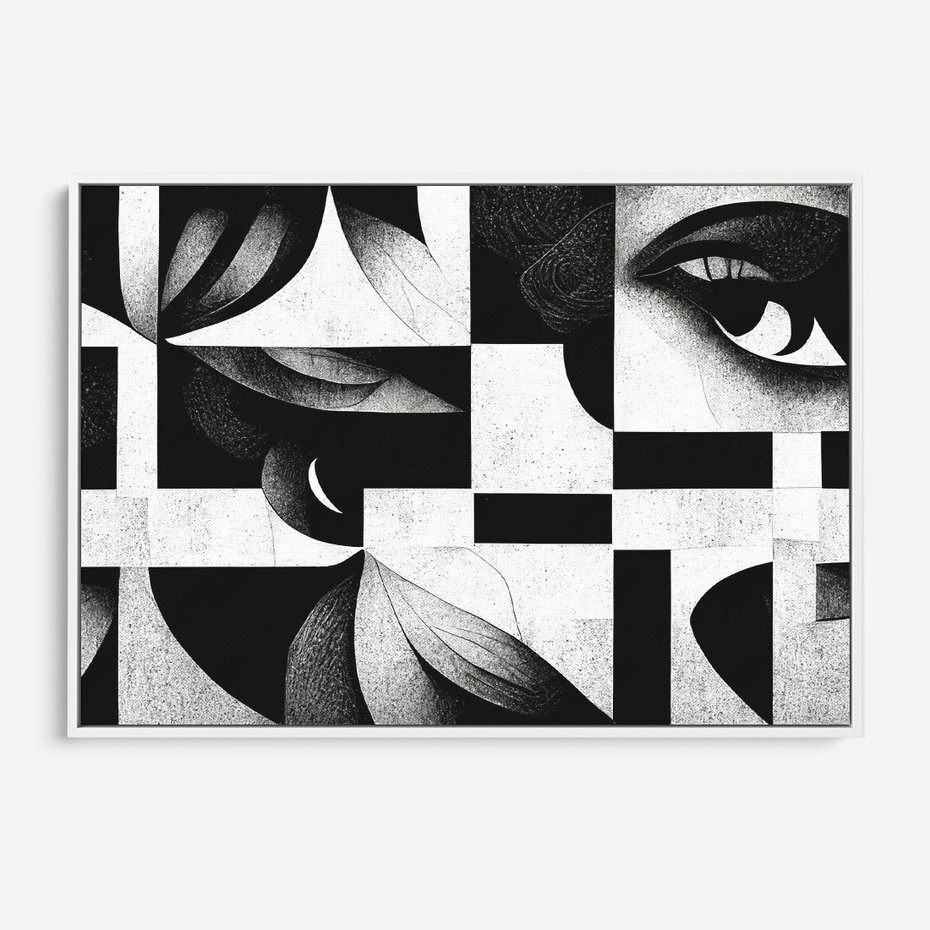 Obraz w ramie 70x50 - Harmonia świateł i cieni - abstrakcja czarno biała, geometria - rama biała