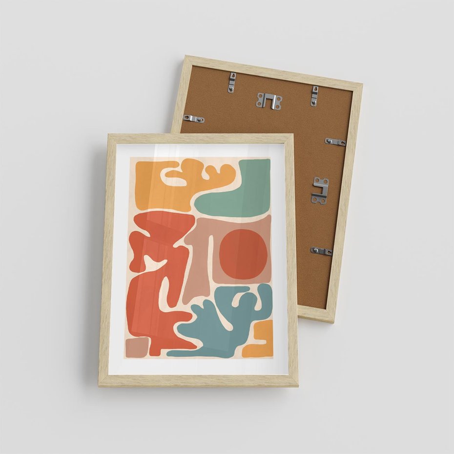 Plakat w ramie 30x40 - Pastelowa Symfonia Kształtów - abstrakcyjne kolorowe formy, pastelowe kolory - rama drewno