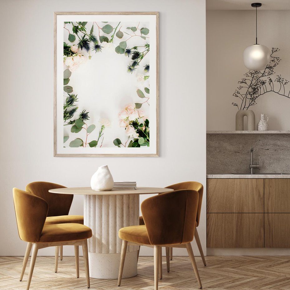 Plakat w ramie 30x40 - Róże i Zielone Liście - kompozycja kwiatowa, róże - rama drewno