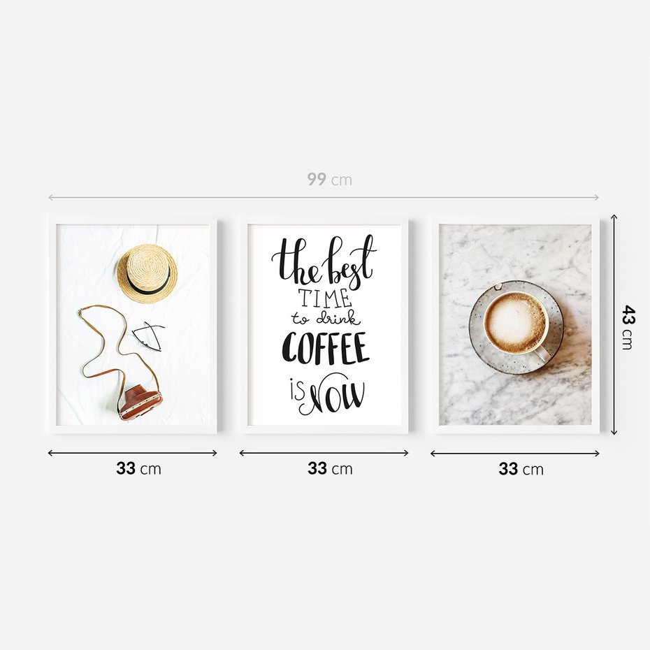 Zestaw obrazy w ramie 30x40 galeria - Kawa, podróż, kapelusz, boho - rama biała