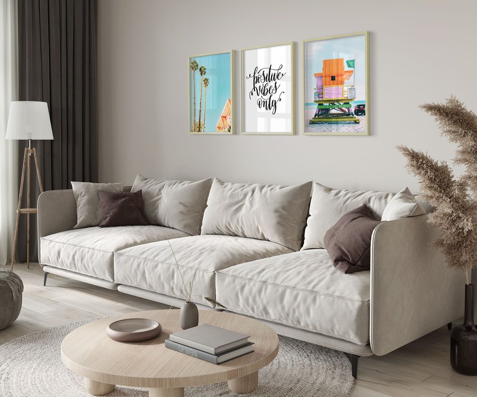 Zestaw obrazy w ramie 50x70 galeria - Pozytywny, cytat, plaża, palmy, wakacje - rama drewno