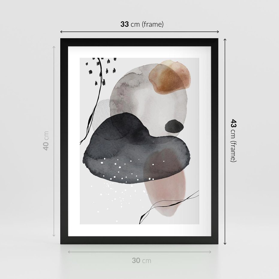 Plakat w ramie 30x40 - Impresje Harmonii - abstrakcyjne plamy akwarelowe, czarny szkic - rama czarna