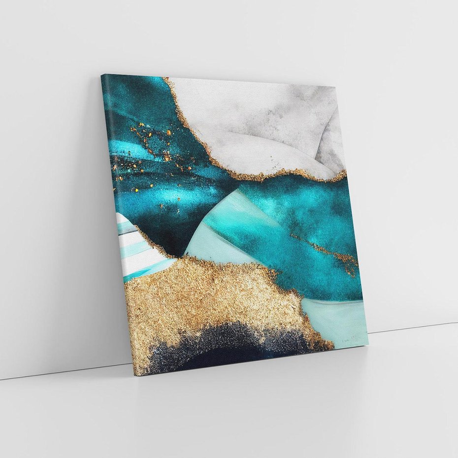 Obraz na płótnie 80x80 - Rozlane Turkusy - Turkusowe plamy, złote elementy