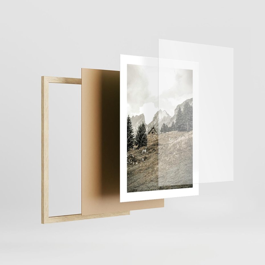 Plakat w ramie 30x40 - Krajobraz Sepii: Domek w Górach - domek w górach, góry - rama drewno