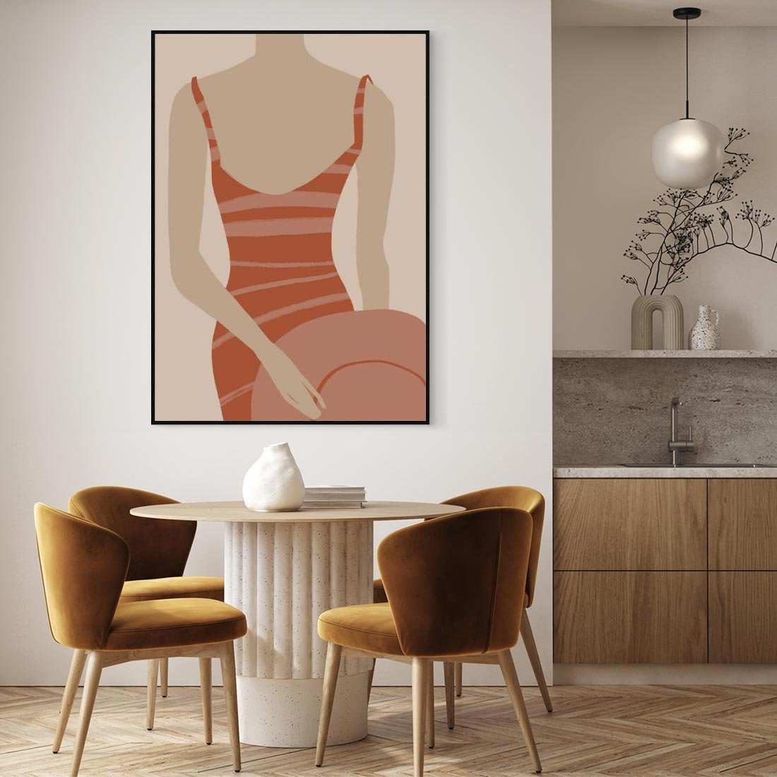 Obraz w ramie 70x100 - Kobiece Retro - minimalistyczny boho plakat, retro kobieta w stroju kąpielowym - rama czarna