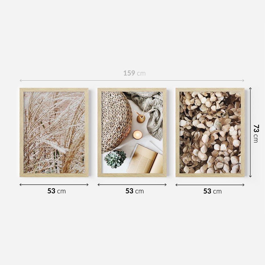 Zestaw obrazy w ramie 50x70 galeria - Boho, wnętrza, liście, trawy - rama drewno