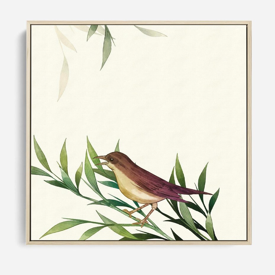 Obraz w ramie 50x50 - Roślinne Nastroje - japońska sztuka, ptak - rama drewno