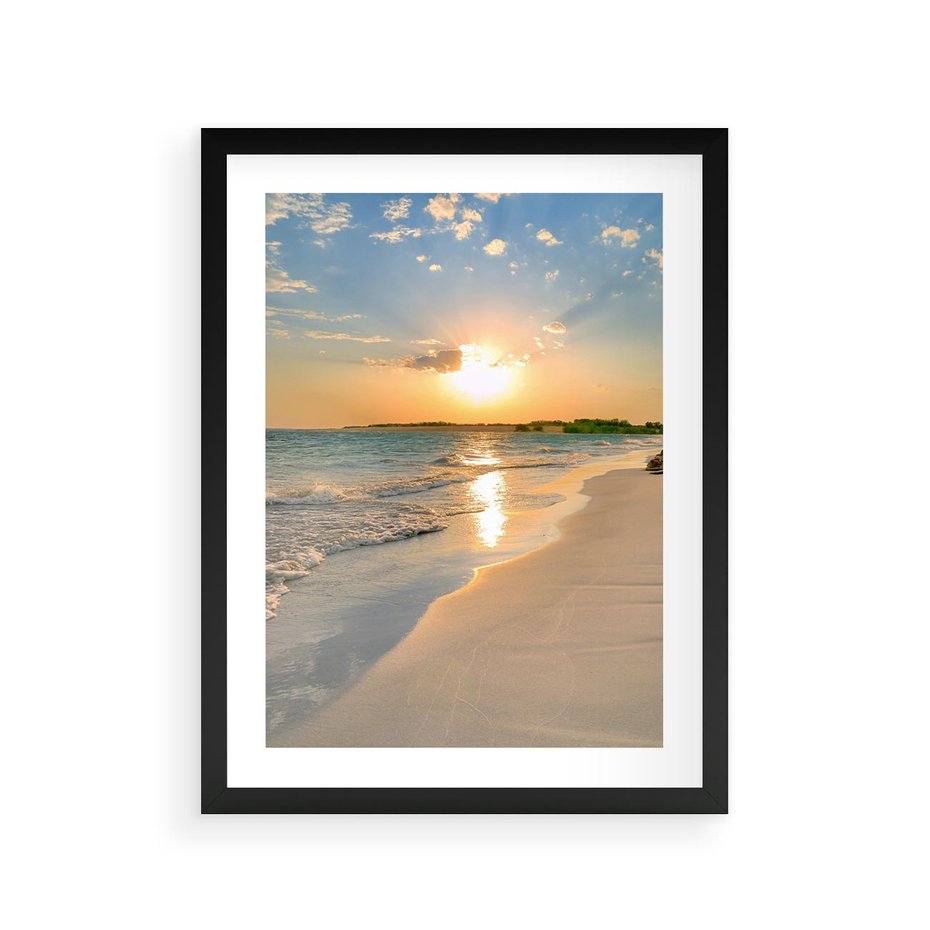 Plakat w ramie 30x40 - Zachód słońca na plaży - plaża, zachód - rama czarna
