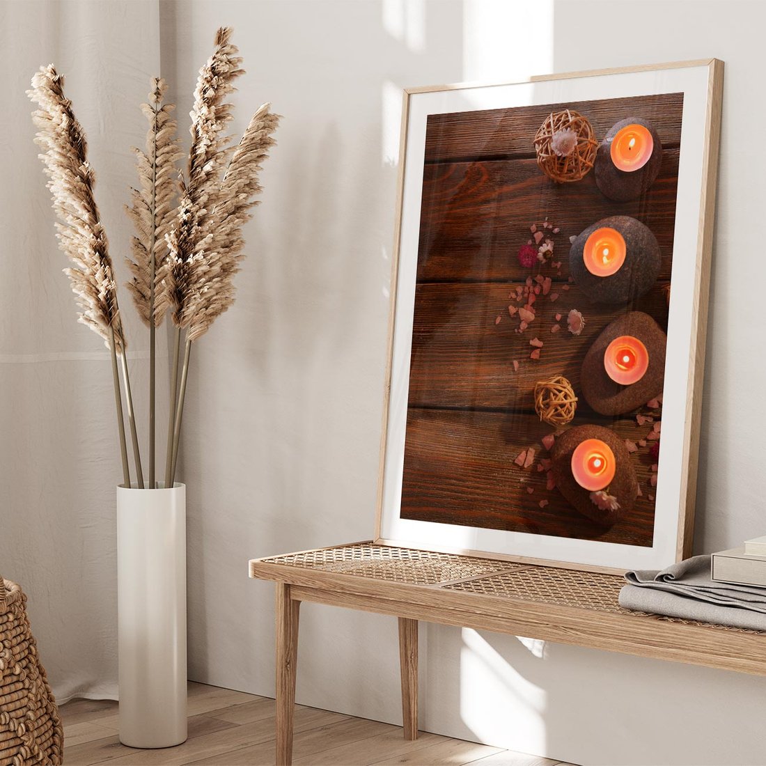 Plakat w ramie 30x40 - Relaksujące spa z pochodniami - spa, świece - rama drewno