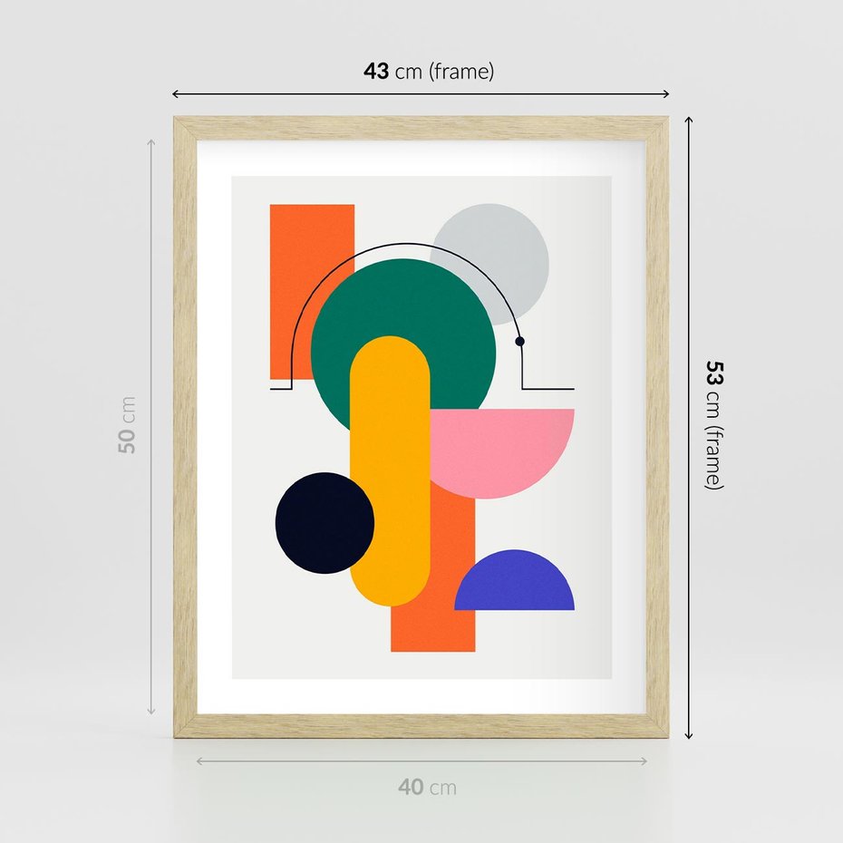 Plakat w ramie 40x50 - Harmonijne Przenikanie Form - nowoczesna sztuka, geometryczna kolorowa grafika - rama drewno