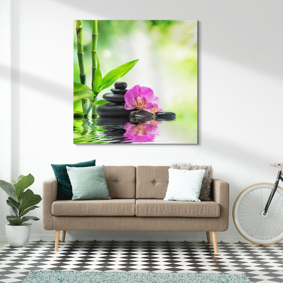 Obraz na płótnie 40x40 - Relaksujący świat SPA z kwiatami i bambusem - spa, kwiaty