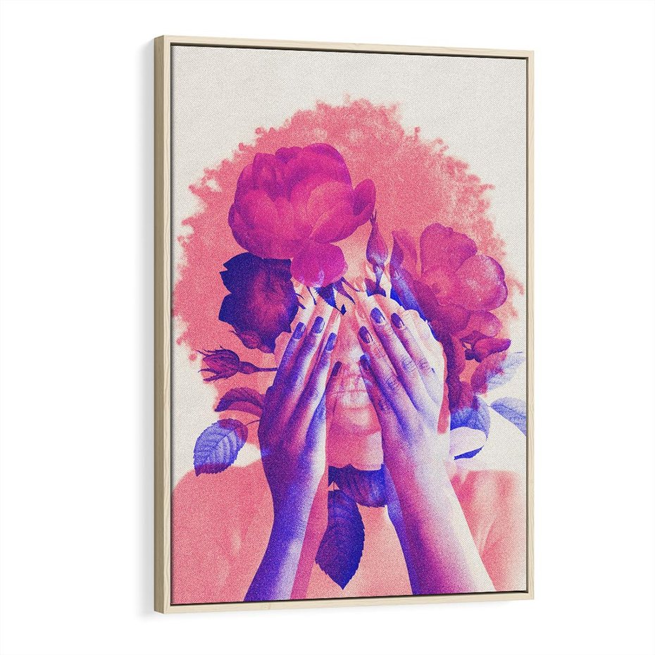 Obraz w ramie 80x120 - Kwiaty we Włosach - różowa postać, grafika - rama drewno