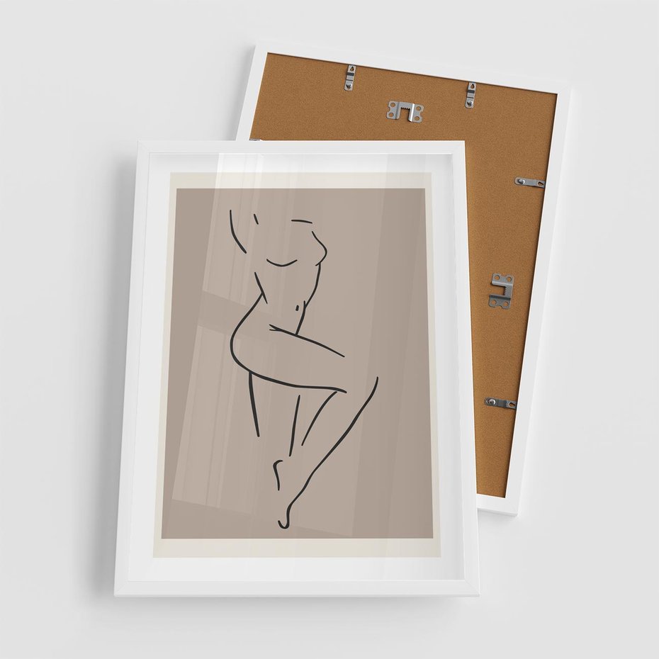 Plakat w ramie 50x70 - Zanikająca Wyobraźnia - mnimalistyczny akt, beżowa tonacja - rama biała