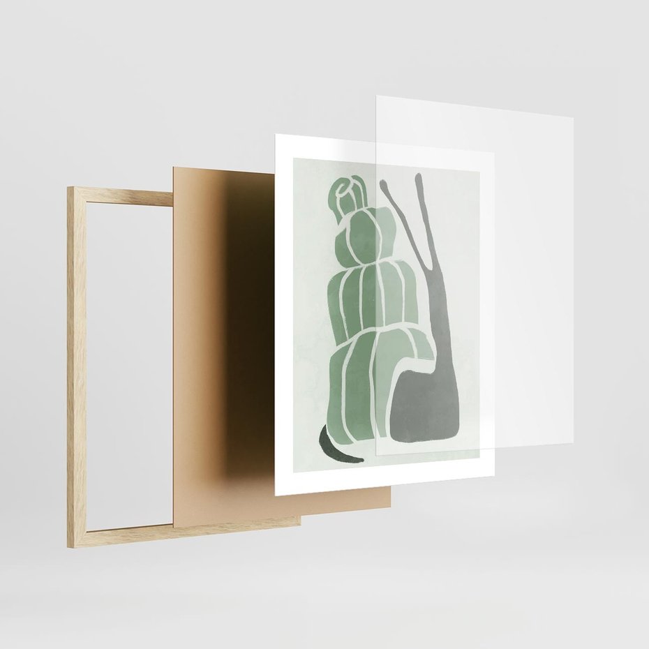 Plakat w ramie 40x50 - Zielona Równowaga - abstrakcyjny zielony ślimak, skandynawski design - rama drewno