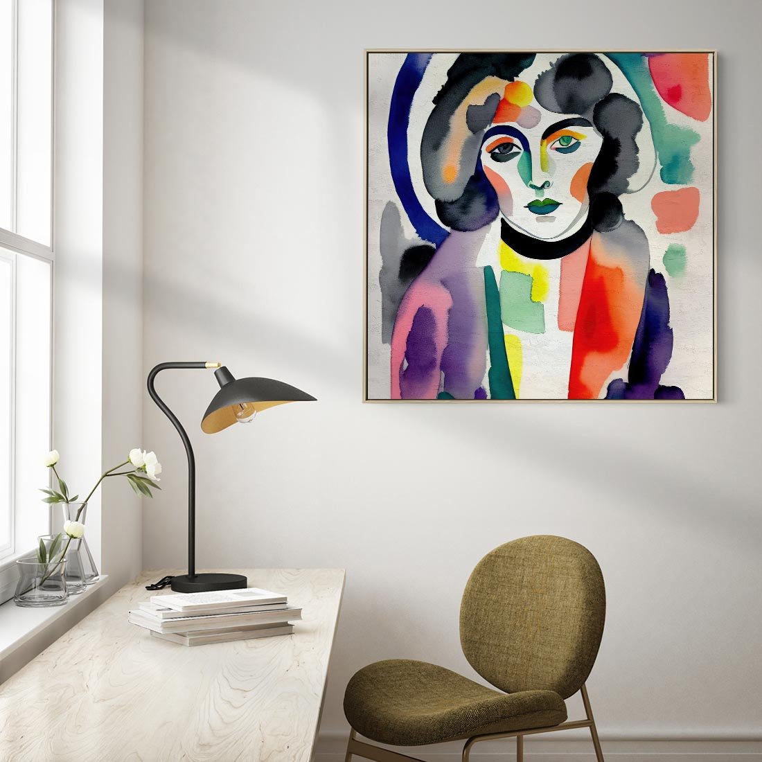 Obraz w ramie 50x50 - Subtelne Akwarelowe Ulotności - abstrakcyjny akwarelowy portret kobiety, rozmyte farby - rama drewno