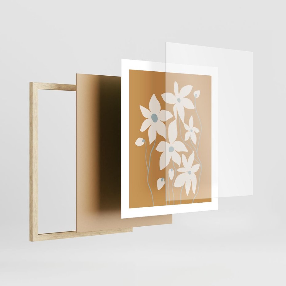 Plakat w ramie 40x50 - Kwiatowy Spektakl - minimalistyczne kwiaty, na pomarańczowym tle - rama drewno