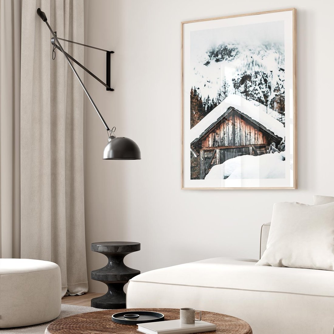 Plakat w ramie 50x70 - Domek w Górach w Białym Odcieniu - zima, domek w górach - rama drewno