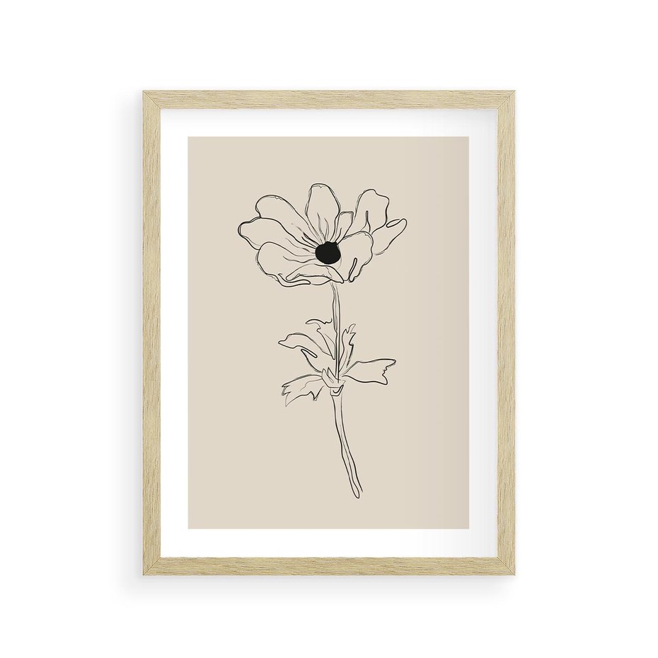 Plakat w ramie 30x40 - Przenikający Dialog - szkic kwiatu, mnimalistyczny szkic - rama drewno