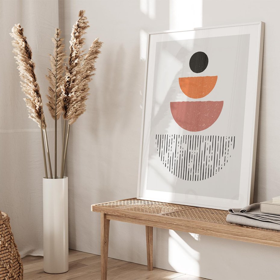 Plakat w ramie 50x70 - Półkola i Boho Akcent - geometria, półkola - rama biała