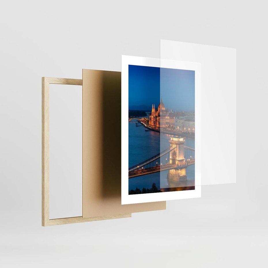 Plakat w ramie 30x40 - Mostowe miasto nocą - miasto, most - rama drewno