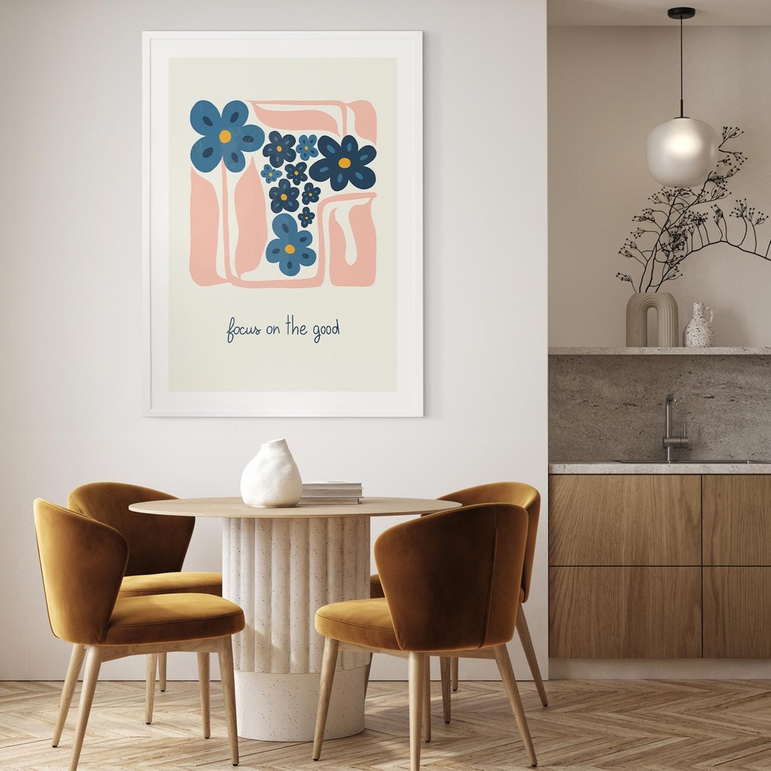 Plakat w ramie 30x40 - Linie kwiatowych marzeń - minimalistyczna kwiatowa kompozycja, pastelowe kolory - rama biała