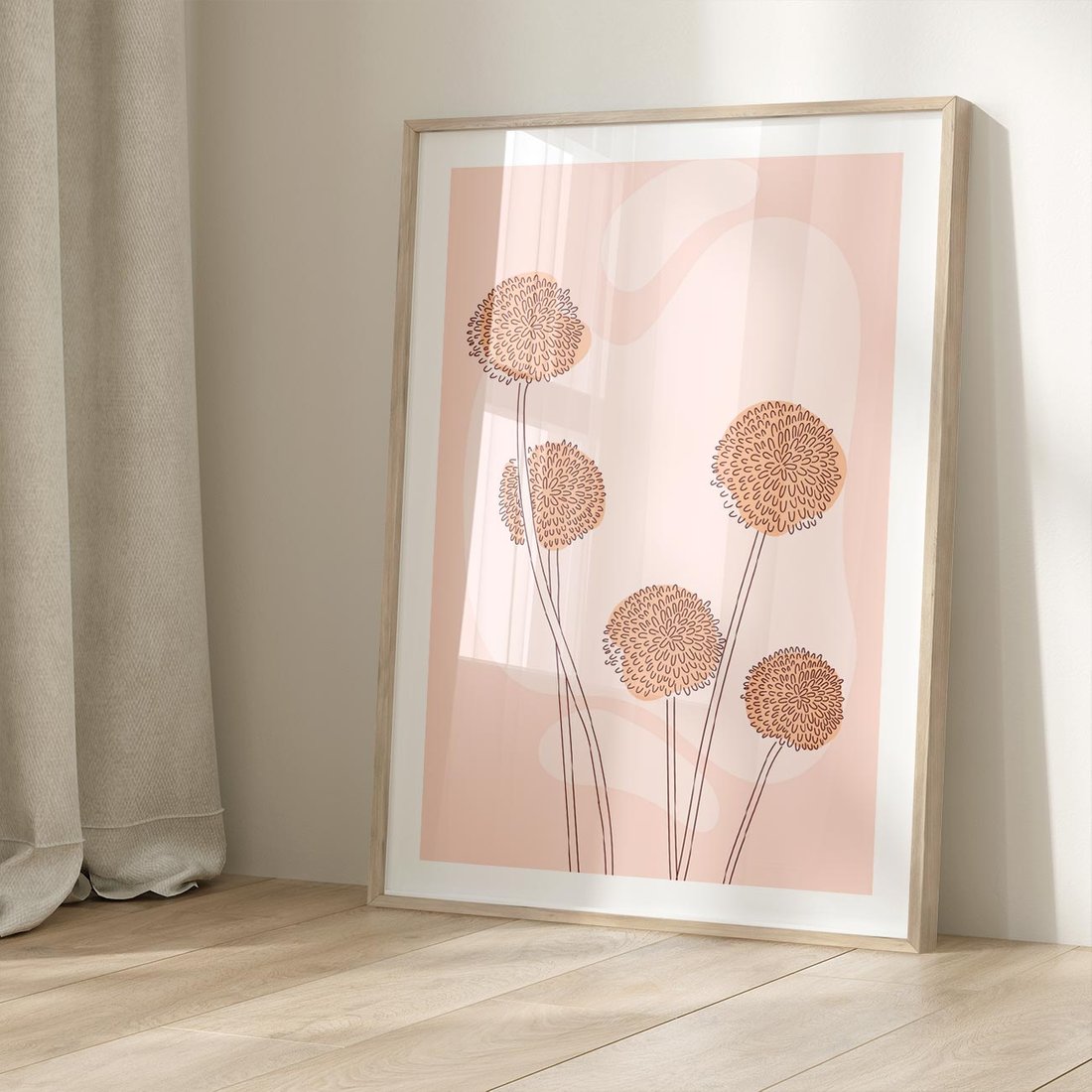 Plakat w ramie 50x70 - Rozkwitające Emocje - minimalistyczny plakat, pudrowe kwiaty - rama drewno