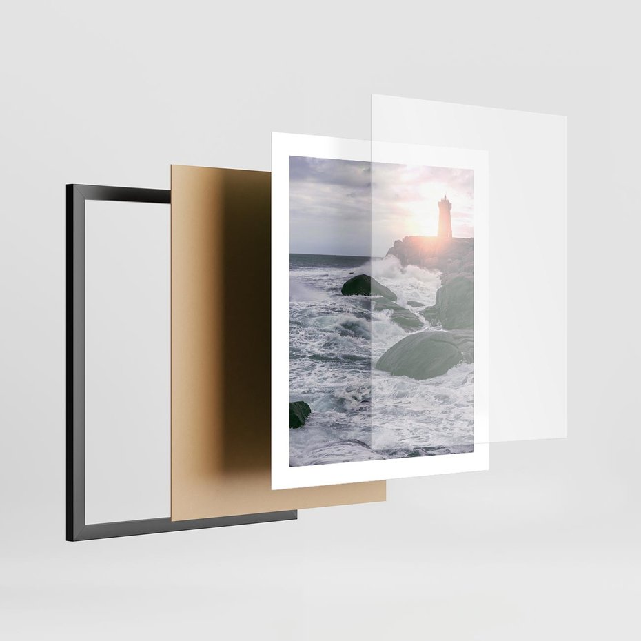 Plakat w ramie 40x50 - Latarnia, Zachód Słońca i Fale - latarnia na klifie, zachód słońca - rama czarna