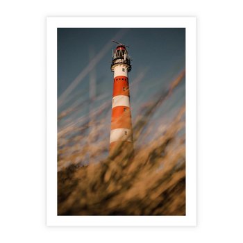 Plakat bez ramy 50x70 - Magia nadmorskiego światła - latarnia morska, ujęcie z za trawy